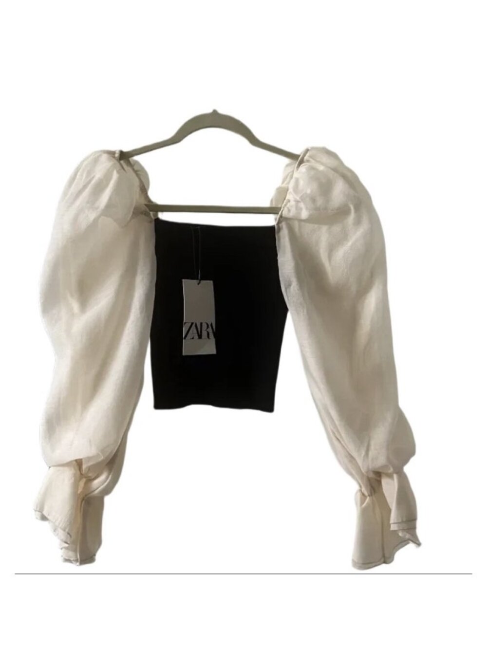 ZARA Black White Puff Sleeve Crop Top S